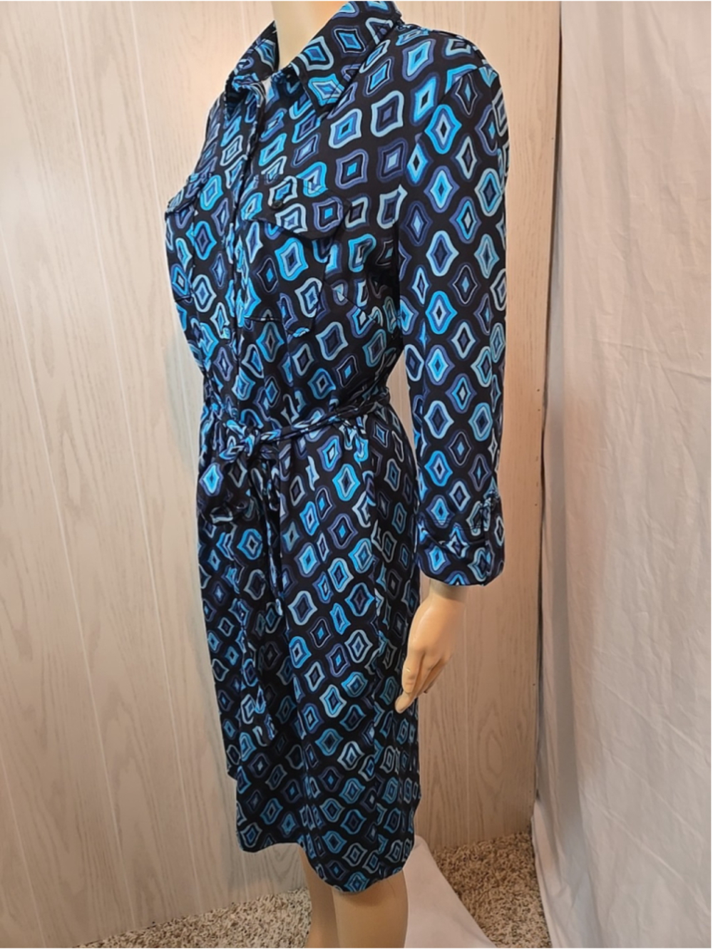 Ann Taylor Geo Print Shirt Dress Medium Navy Blue Midi Belted Button Front - Picture 6 of 8